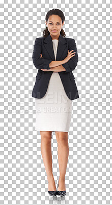 Buy stock photo Business woman, portrait and arms crossed with a smile for vision, success and career. Professional female, executive leader and focus for motivation and goal isolated on transparent, png background