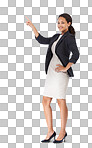 Business, portrait and woman pointing at product placement for marketing or advertising. Professional, corporate and female model point at mockup space while isolated on a png background