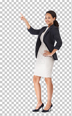 Buy stock photo Business, portrait and woman pointing, promotion and employee isolated on a transparent studio background. Face, female worker and lady with gesture, product placement and opportunity on png backdrop