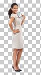 Happy, worker and full body portrait of black woman with feminine, elegant and professional style with glasses. Smile of classy, corporate and confident woman standing at isolated on a png background