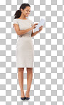 Digital tablet, planning and business woman and professional. Black woman, entrepreneur and working girl using online app for management, thinking and email isolated on a png background