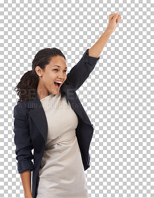 Buy stock photo Success, celebration and excited business woman on isolated, png and transparent background. Professional, winner and happy female entrepreneur cheering for achievement, victory and winning bonus