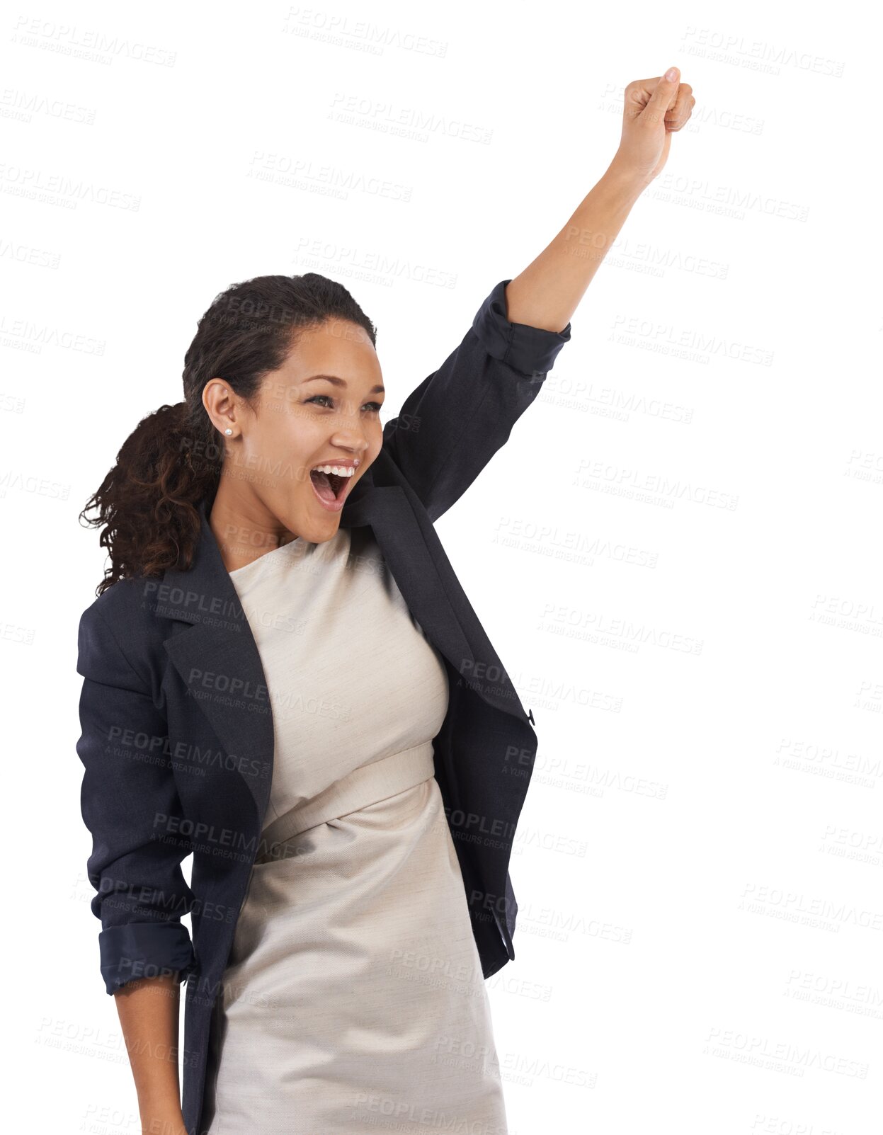 Buy stock photo Success, celebration and excited business woman on isolated, png and transparent background. Professional, winner and happy female entrepreneur cheering for achievement, victory and winning bonus