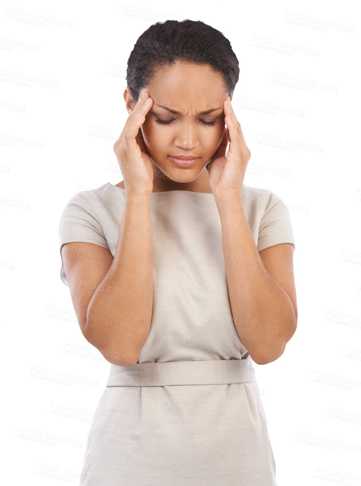 Buy stock photo Business woman with headache, stress and burnout with corporate fatigue isolated on transparent or png background. Professional female with migraine, pain and crisis at work with mental health