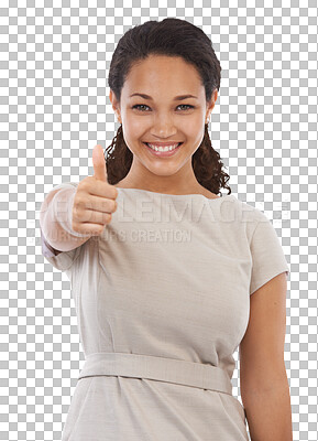 Thumbs up, satisfaction and studio portrait of black woman with emoji gesture for congratulations, job well done or winner. Agreement, finished and happy girl with yes hand sign isolated on a png background