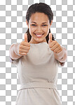 Thumbs up, satisfaction and portrait of happy black woman with emoji gesture for congratulations, job well done or winner. Agreement, finished and studio girl with yes hand sign isolated on a png background