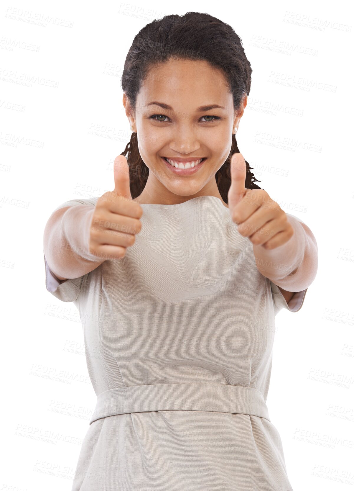 Buy stock photo Woman, portrait and thumbs up for success isolated on a transparent, png background thank you and support, like or vote. Happy business person or winner yes, ok and agreement hands sign for winning