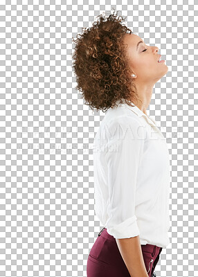 Buy stock photo Mindset, zen and relax by black woman in studio for breathing and meditation. Peace, girl and employee meditate for start of work, deep breathing and standing isolated on a transparent png background