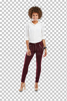 Buy stock photo Black woman, corporate studio portrait and fashion for workplace, office or job. Designer woman, afro and happy for design career or motivation with smile isolated on a transparent png background