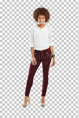A Black woman, corporate studio portrait and fashion for workplace, office or job. Isolated designer woman, afro and happy for design career, vision or motivation with excited smile isolated on a png background