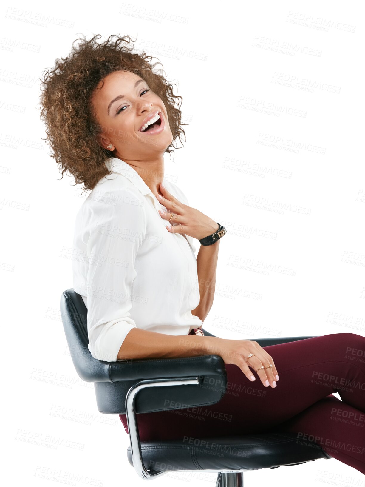 Buy stock photo A Business woman, smile and laughing in chair while sitting. Portrait of isolated happy female worker smiling in happiness and laugh for joke or meme on isolated on a transparent png background