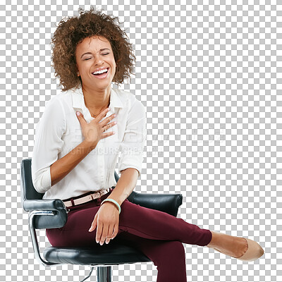 A Black woman, studio portrait and chair with laughing, funny moment, beauty or happy. Woman, office chair and isolated with comic time, happiness and crazy joke with formal fashion isolated on a png background