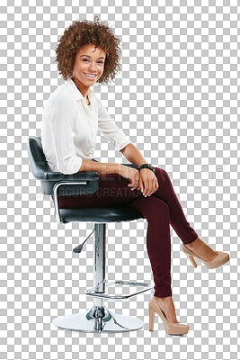 Buy stock photo Happy, classy and portrait of a black woman on a chair, professional or young and beautiful. Confident African American female smiling, elegant girl sitting isolated on a transparent png background