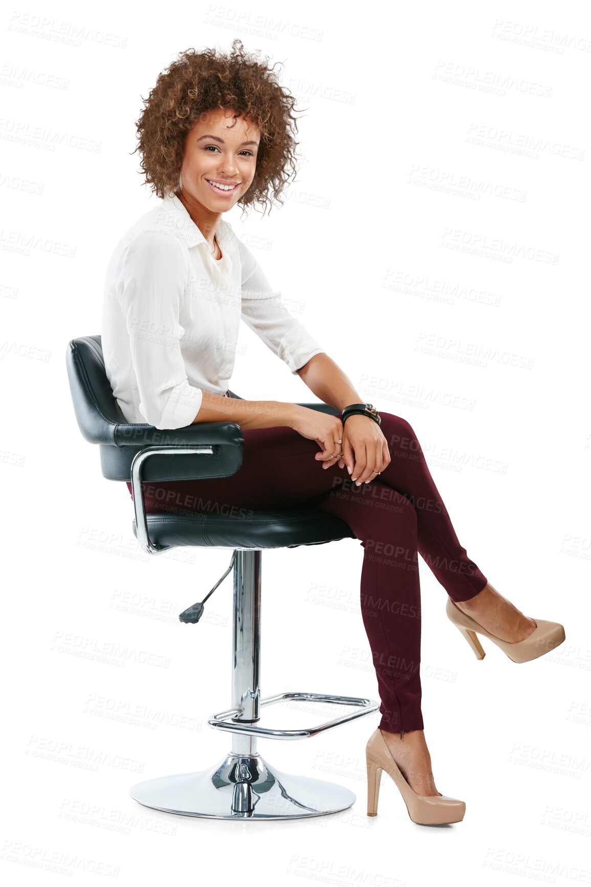 Buy stock photo Happy, classy and portrait of a black woman on a chair, professional or young and beautiful. Confident African American female smiling, elegant girl sitting isolated on a transparent png background