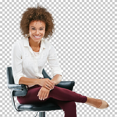 Buy stock photo Smile, portrait or happy woman in chair with business clothes or success isolated on a png background. Entrepreneur, worker or girl smiling with positive mindset or motivation for company goals 