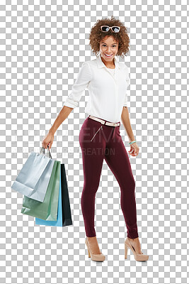 A Black woman, retail shopping bag and happy customer standing. Luxury boutique purchase, African girl smile and clothes promotion, fashion lifestyle or model happiness isolated on a png background