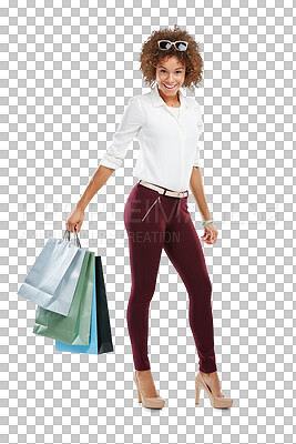 Buy stock photo A Black woman, retail shopping bag and happy customer standing with luxury boutique purchase. African female smile with clothes promotion, fashion or model isolated on a transparent png background