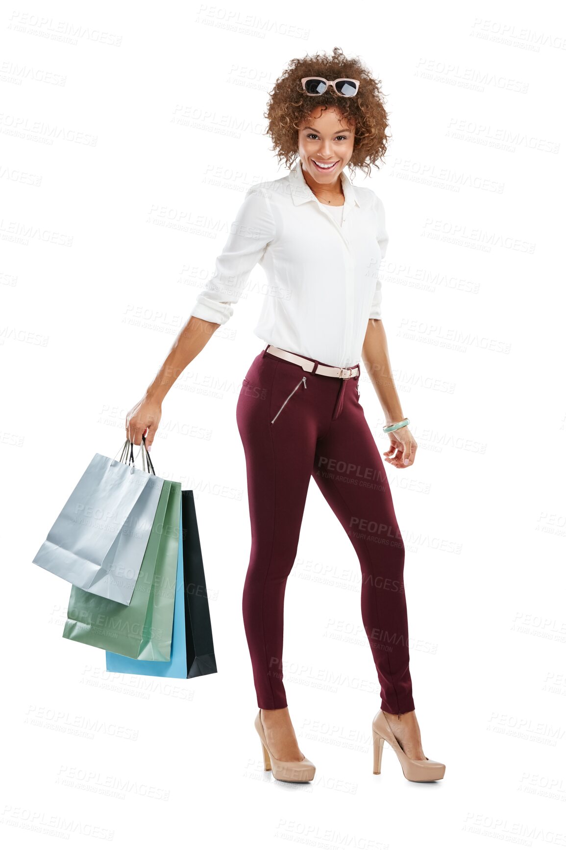 Buy stock photo A Black woman, retail shopping bag and happy customer standing with luxury boutique purchase. African female smile with clothes promotion, fashion or model isolated on a transparent png background