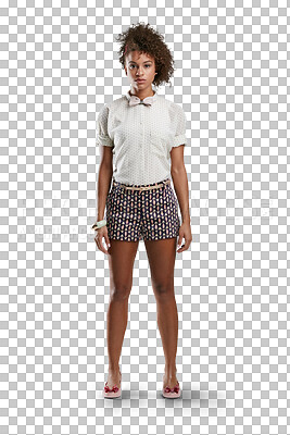 Buy stock photo Portrait, fashion and shorts with a model black woman for clothes brand. Summer, style or trendy young female posing to promote edgy or contemporary clothing isolated on a transparent png background