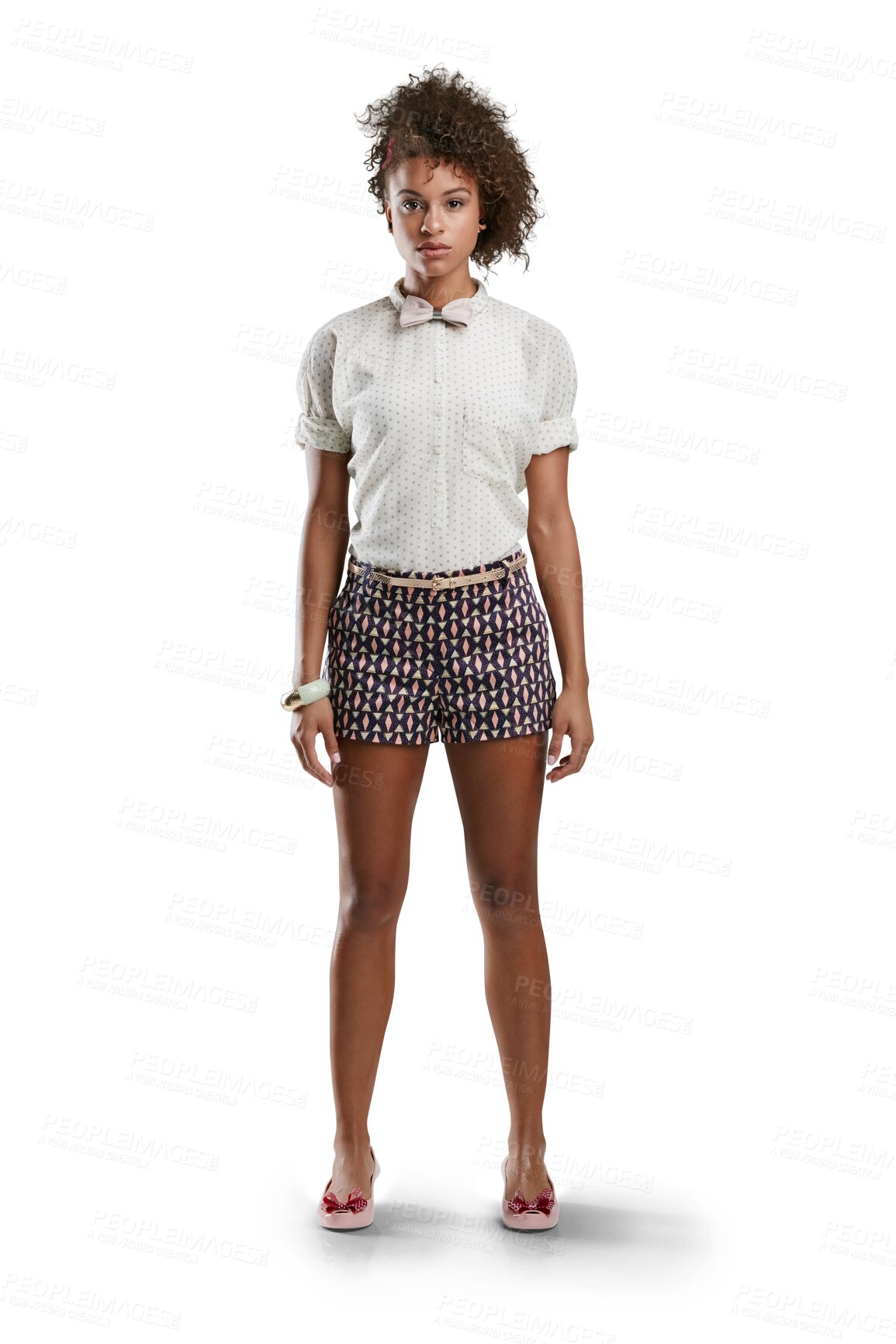 Buy stock photo Portrait, fashion and shorts with a model black woman for clothes brand. Summer, style or trendy young female posing to promote edgy or contemporary clothing isolated on a transparent png background