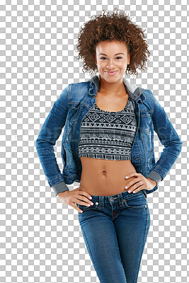 Buy stock photo Fashion, studio or portrait of a happy woman in denim or trendy cool jacket or crop top in Brazil. Smile, stylish girl or female model smiling in designer jeans clothing isolated on a png background 