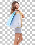 Woman, shopping bags and portrait smile for purchase standing. Happy attractive female shopper carrying gifts and smiling in happiness for sale, discount or deal isolated on a png background