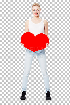 Woman, studio portrait and cardboard heart with happiness for valentines day celebration. Isolated model, excited and smile with poster for romance, love or dating with paper sign isolated on a png background