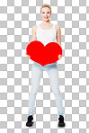 Woman, studio portrait and cardboard heart with happiness for valentines day celebration. Isolated model, excited and smile with poster for romance, love or dating with paper  sign isolated on a png background