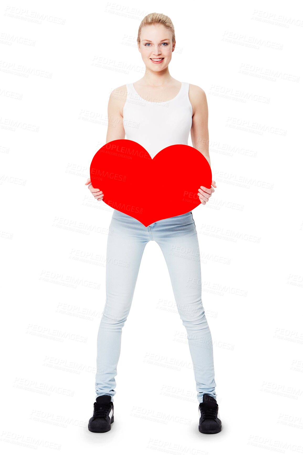 Buy stock photo Woman, studio portrait and cardboard heart in happiness for valentines day celebration. Model, excited and smile with poster for romance, love or dating sign isolated on a transparent png background