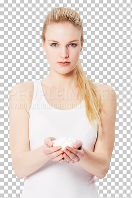 Many pills, portrait of woman for infertility, women healthcare danger or drugs risk. Pharmaceutical, medicine and person palms or hands for pharmacy offer isolated on a png background