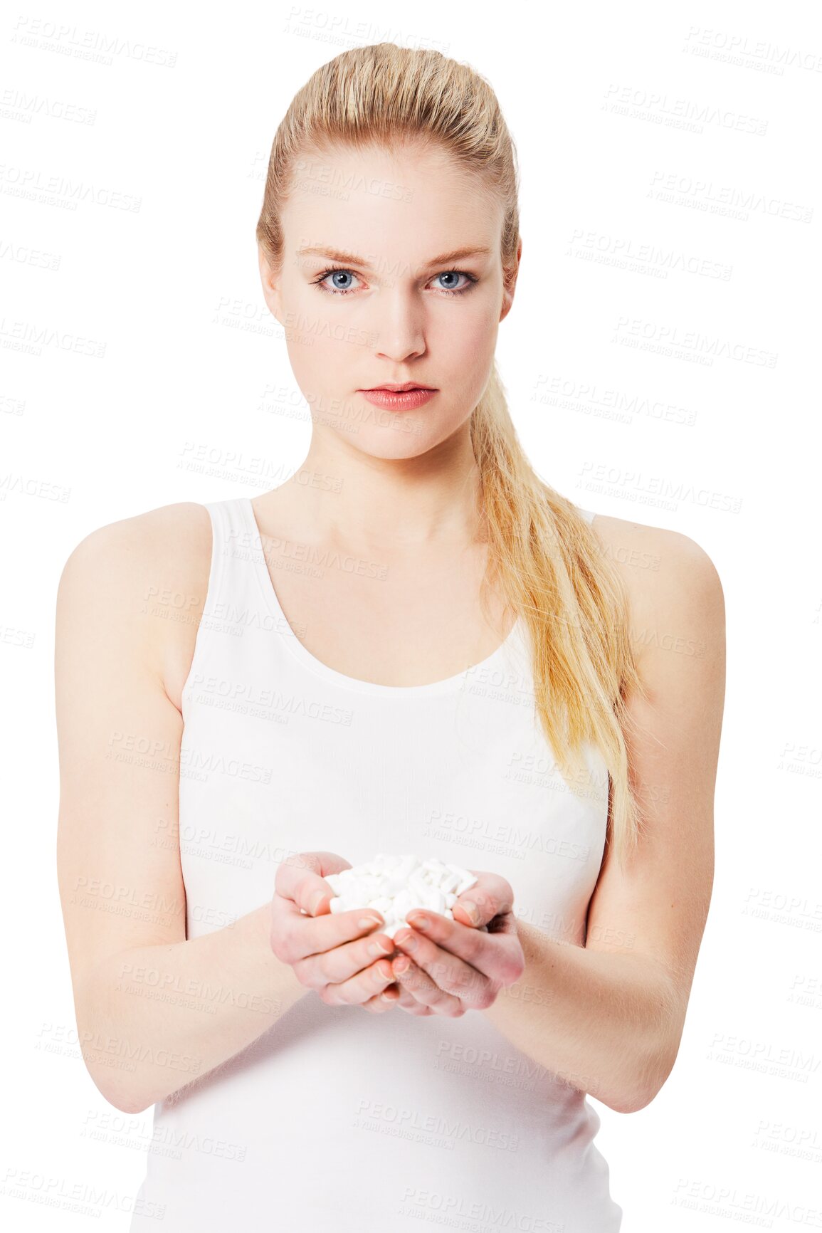 Buy stock photo Many pills, portrait of woman for infertility, women healthcare danger or drugs risk. Pharmaceutical, medicine and person palms or hands for pharmacy offer isolated on a transparent png background