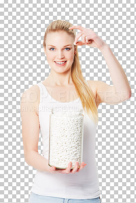 Buy stock photo Woman in portrait with pills in a medicine jar, prescription medication isolated on transparent or png background. Supplements, vitamins and drugs in glass container with female and pharmaceutical