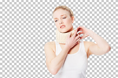 Sad, uncomfortable and woman thinking of accident with a neck brace. Depressed, frustrated and girl with medical whiplash pain, muscle and spine injury on a backdrop isolated on a png background