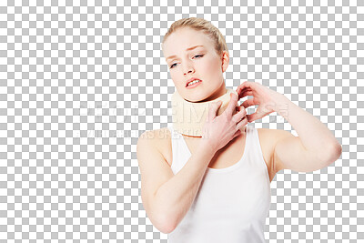 Buy stock photo Woman with neck injury, brace and whiplash with accident or medical emergency isolated on transparent or png background. Health, female in pain with insurance, anatomy and injured spine with collar