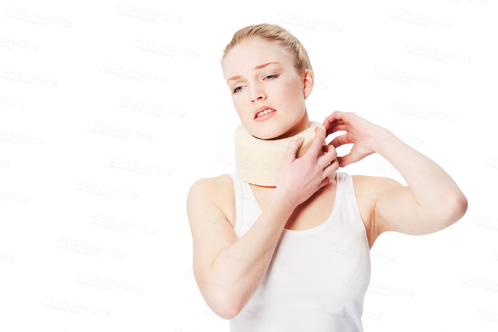 Buy stock photo Woman with neck injury, brace and whiplash with accident or medical emergency isolated on transparent or png background. Health, female in pain with insurance, anatomy and injured spine with collar