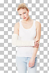 Portrait, sad and woman with arm plaster. Injury, cast and injured girl with pain or fibromyalgia, inflammation or broken bones and depression after accident isolated on a png background