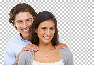 Buy stock photo Portrait, love and couple support in studio, smile and relax while bonding together. Happiness, marriage or face of man and woman for valentines day, dating and isolated transparent png background