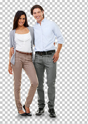 Buy stock photo Love, embrace and portrait of couple hug with smile on isolated, png and transparent background. Relationship success, marriage and face of man and woman together for power on valentines day