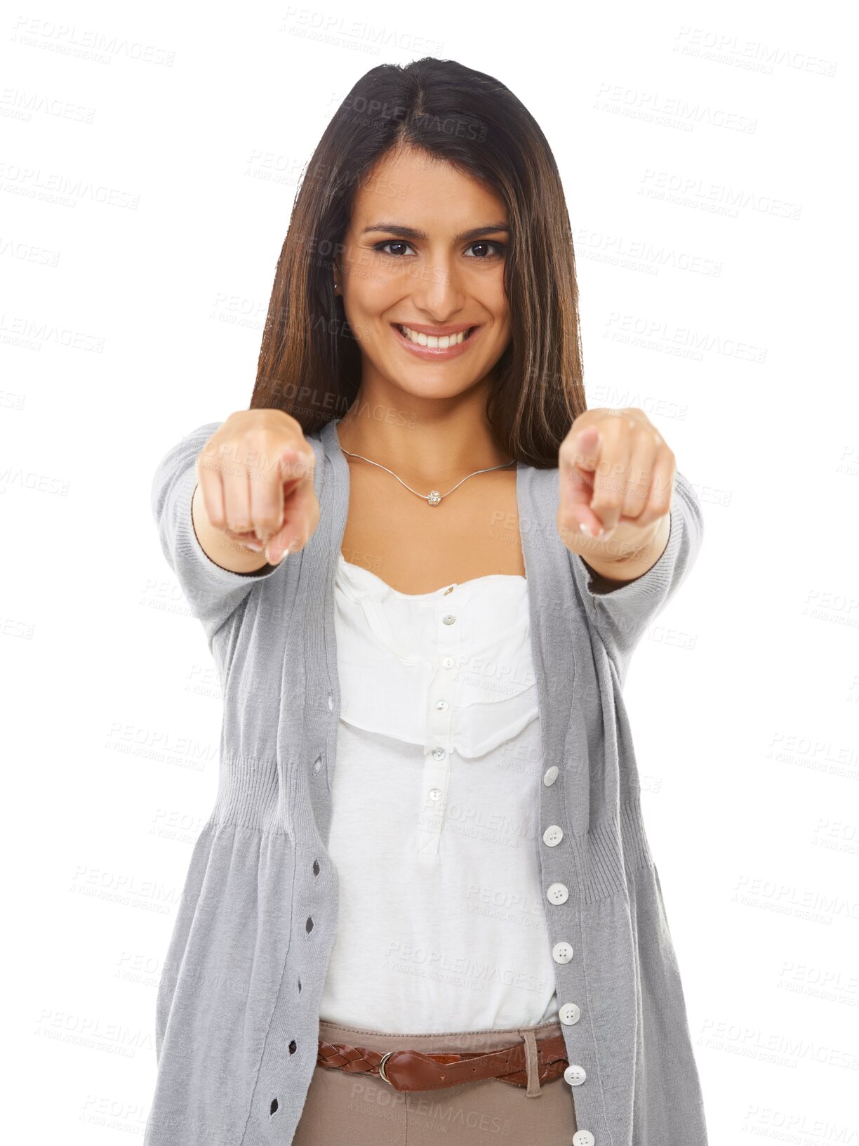 Buy stock photo Happy, pointing and portrait of woman on png background for choice, decision and motivation. You, smile and pride with female isolated on transparent for option, selection and opportunity