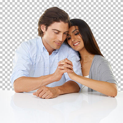 Buy stock photo Love, romance and couple holding hands with smile on isolated, png and transparent background. Relationship, marriage and happy man and woman bonding for commitment, trust and support together