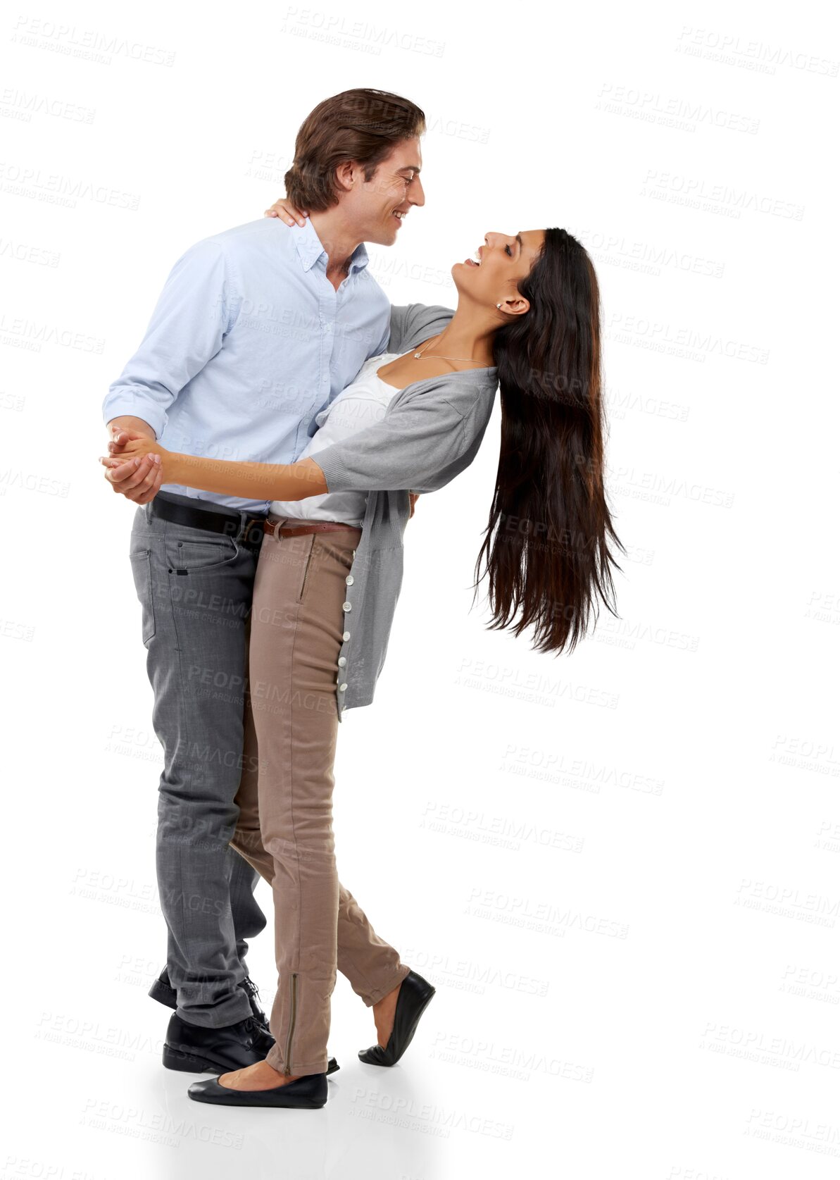 Buy stock photo Dance, love and happy with couple on png background for celebration, romance and valentines day. Affectionate, bonding and music with man and woman dancing on isolated transparent for date