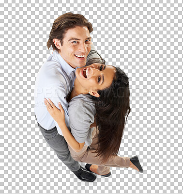 Buy stock photo Portrait, love hug and couple smile together feeling happy from relationship. Happiness, loving and man above with woman romance with interracial partner and isolated on a transparent, png background