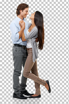 Buy stock photo Love, dance and couple smile together holding hands feeling happy with mockup. Happiness, loving and man with woman romance with interracial partner dancing isolated on a transparent, png background