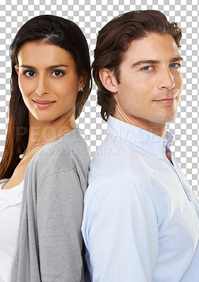 Buy stock photo Smile, support and portrait of couple on png background for commitment, relationship or bonding. Face, love and happy with man and woman back and isolated on transparent for natural touch