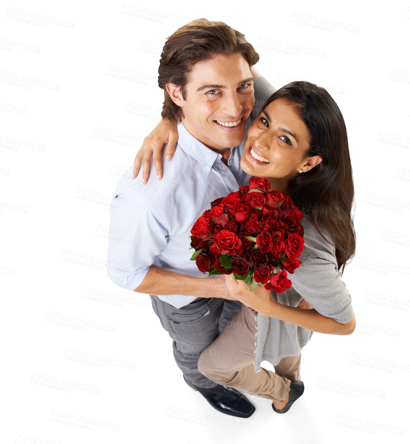 Buy stock photo Portrait, above and couple with roses hug in studio in celebration of love, date or valentines day. Top view, bouquet and face of man with woman sharing gift on transparent isolated png background