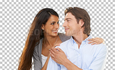 Buy stock photo Love, romance and couple support with smile on isolated, png and transparent background. Relationship, marriage and happy man and woman hugging, embrace and together for trust, commitment and hug