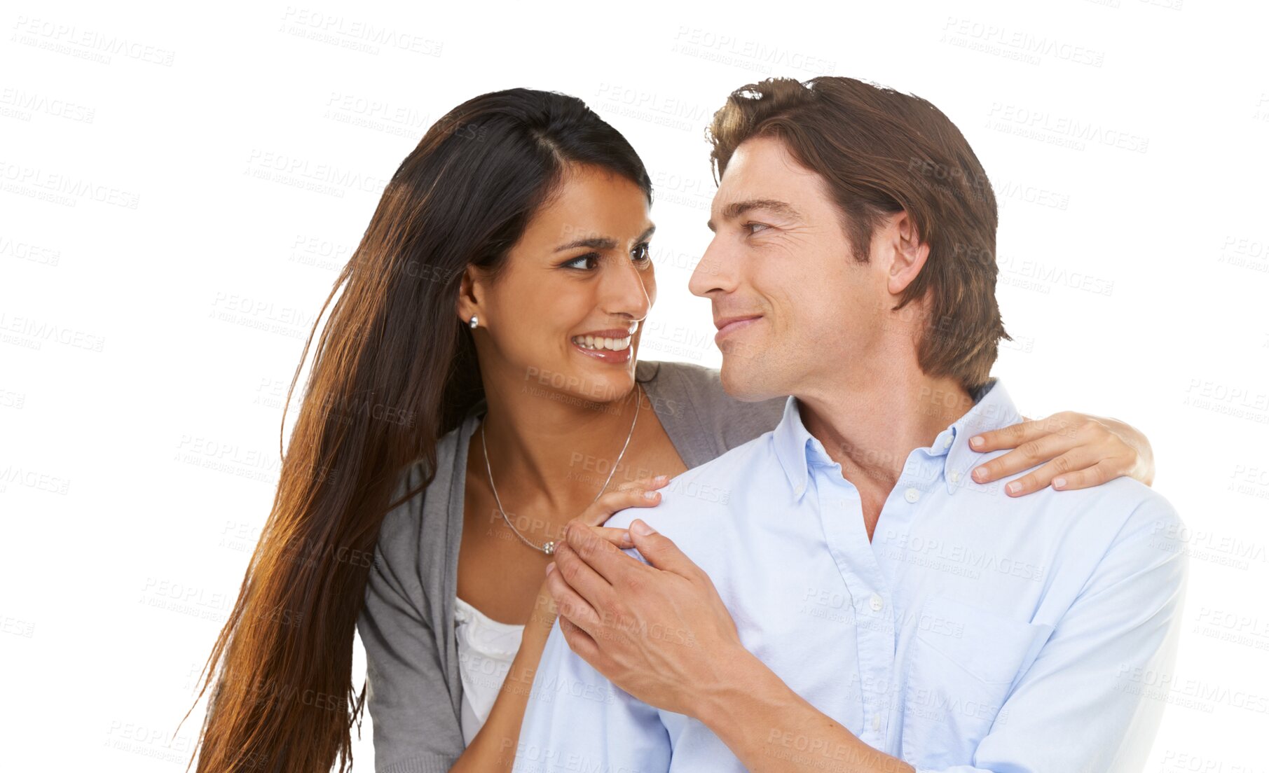 Buy stock photo Love, romance and couple support with smile on isolated, png and transparent background. Relationship, marriage and happy man and woman hugging, embrace and together for trust, commitment and hug