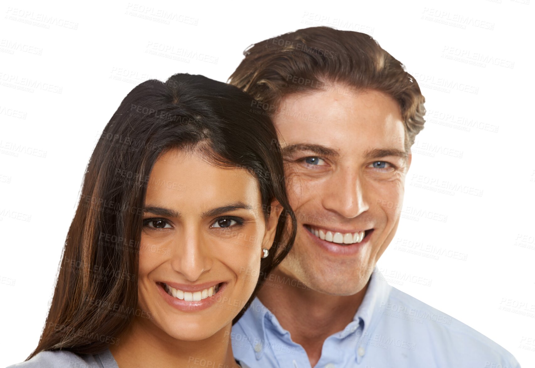 Buy stock photo Happy, love and portrait of couple with smile on isolated, png and transparent background. Relationship, dating and face of man and woman together for bonding, affection and romantic valentines day