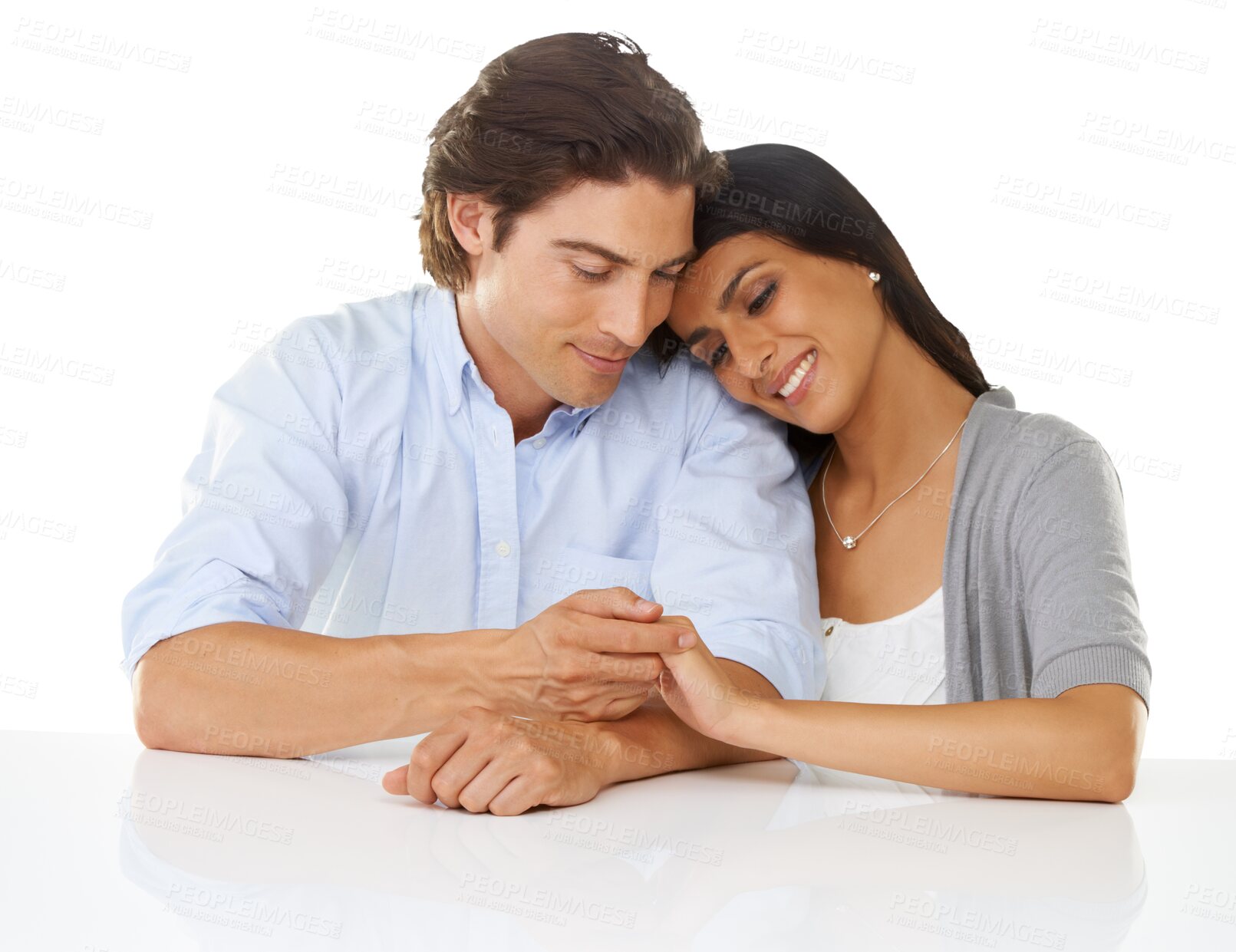 Buy stock photo Happy, love and couple holding hands with smile on isolated, png and transparent background. Relationship, dating and face of man and woman hugging, embrace and together for valentines day romance