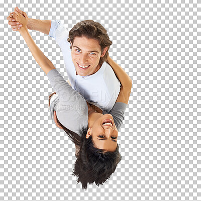 Buy stock photo Portrait, dancing and couple smile above holding hands feeling happy. Happiness, loving and man with woman dance with love and interracial partner and isolated on a transparent, png background